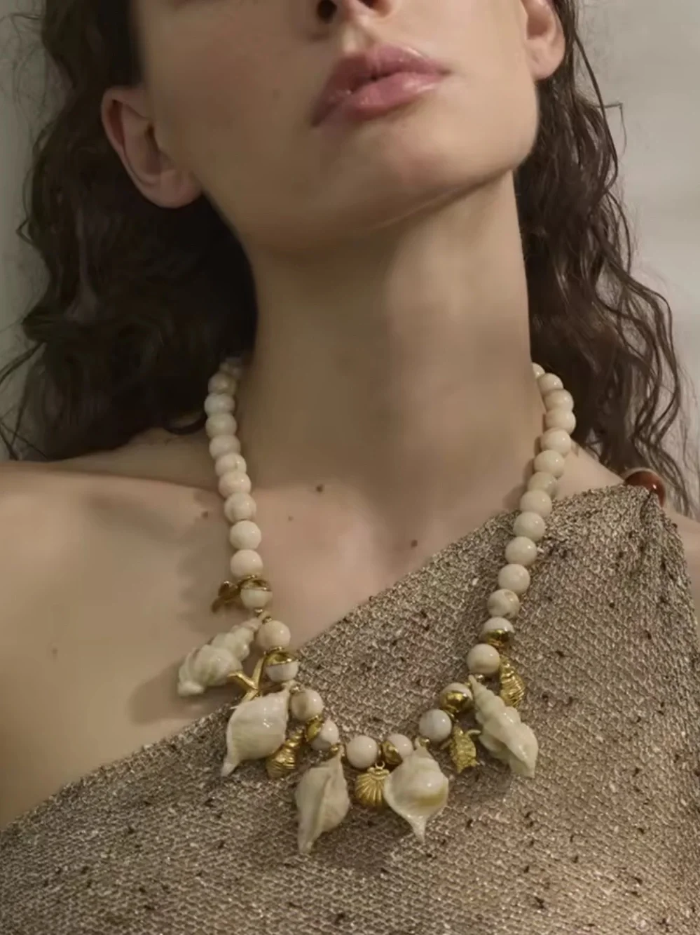 Couture Gold Cream Shell Charm Beaded Necklace - Picture 8 of 11